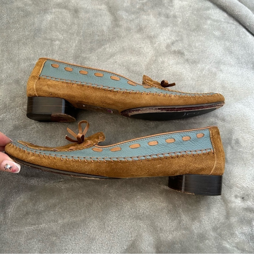 Salvatore Ferragamo Women’s Loafers 9.5 Light Brown Light Blue Woven Bow Casual - Picture 10 of 15
